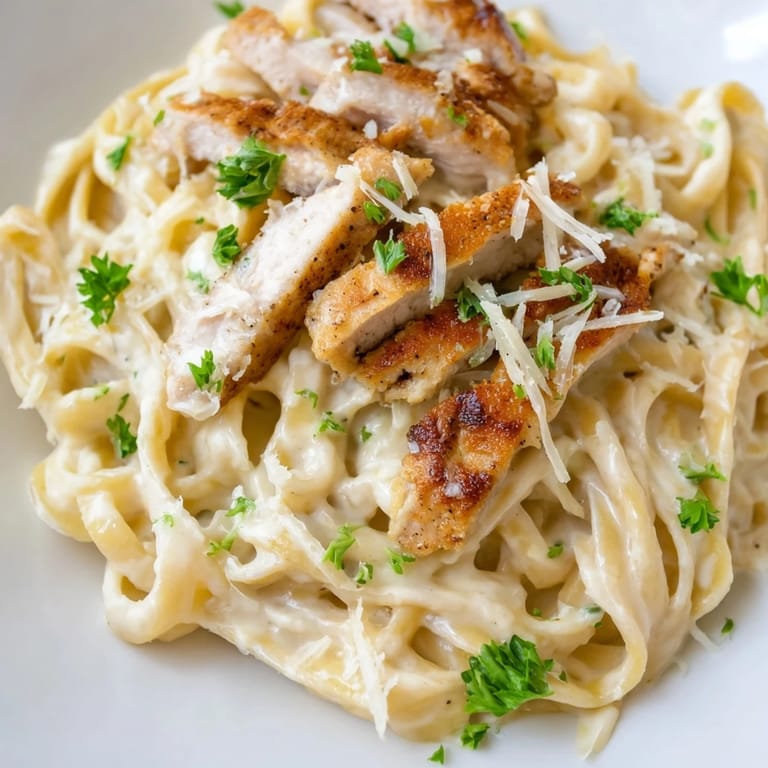 A steaming skillet of Cajun Chicken Alfredo features fettuccine tossed in rich Parmesan cream sauce.