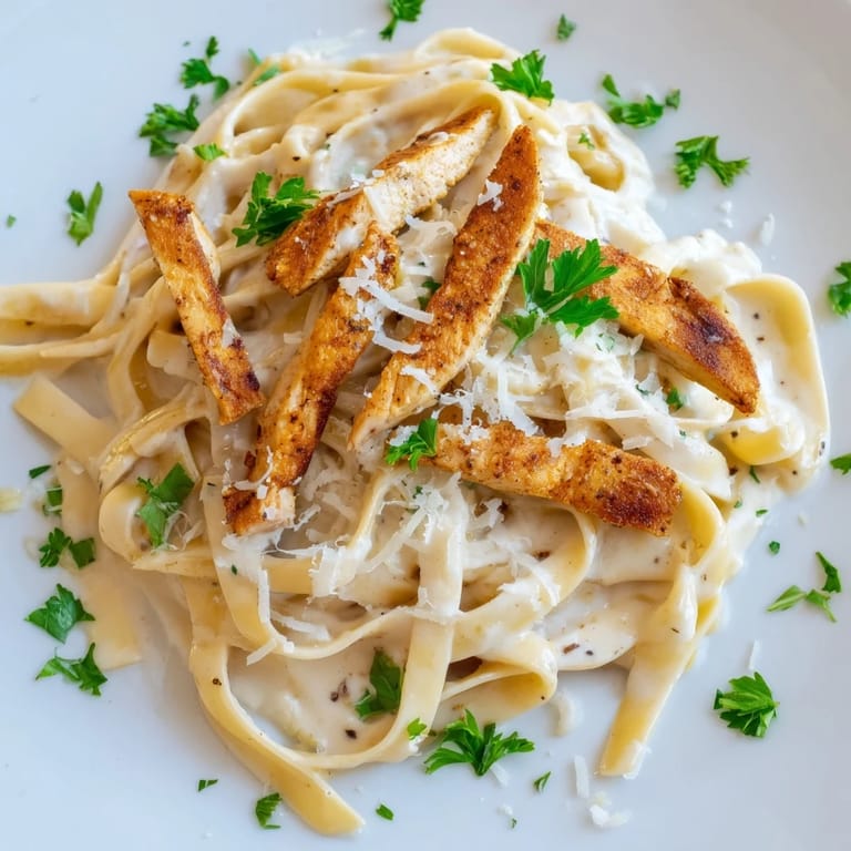 Golden Cajun chicken strips rest atop creamy Alfredo pasta, ready for a comforting weeknight dinner.