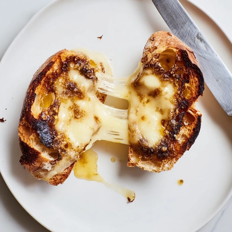 Golden-brown slices of artisan sourdough bread packed with melted Gruyère and truffle oil, creating the ultimate Truffle Grilled Cheese.