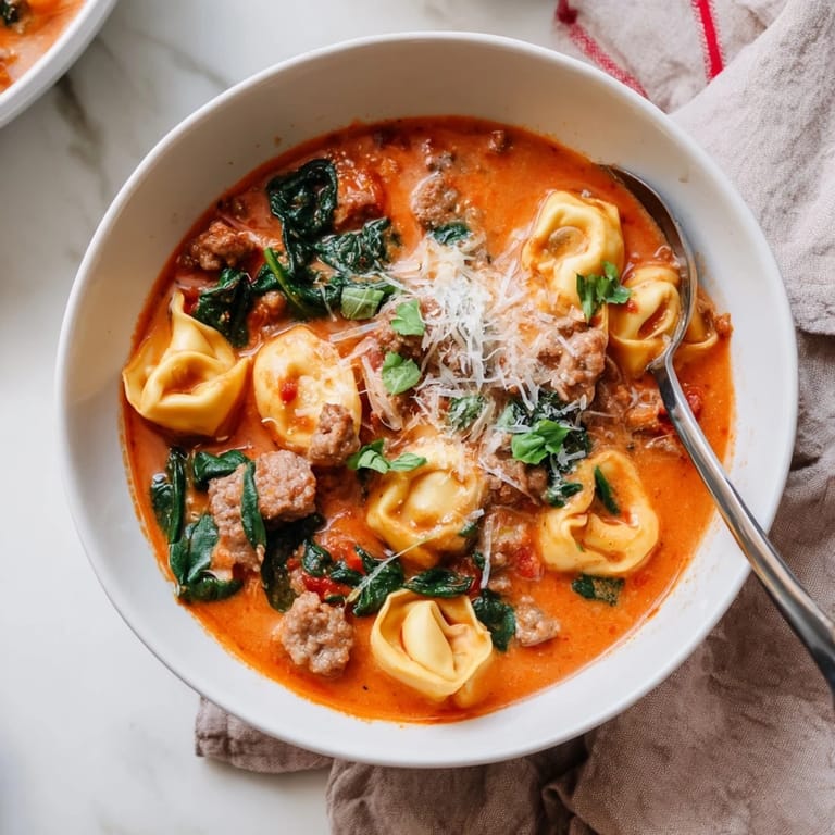 Rustic Tuscan Tortellini Soup simmering with colorful vegetables in a Dutch oven, steam rising and Parmesan garnish ready.