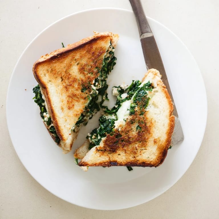 Half of a Feta & Spinach Stuffed Grilled Cheese held in hand, revealing a generous layer of seasoned spinach and tangy feta.
