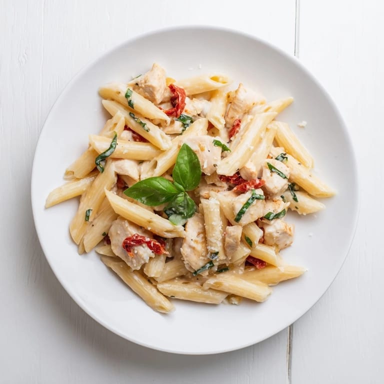 Fork-ready Creamy Sun-Dried Tomato Chicken Pasta shines with juicy chicken strips and vibrant sun-dried tomatoes in a luscious sauce.
