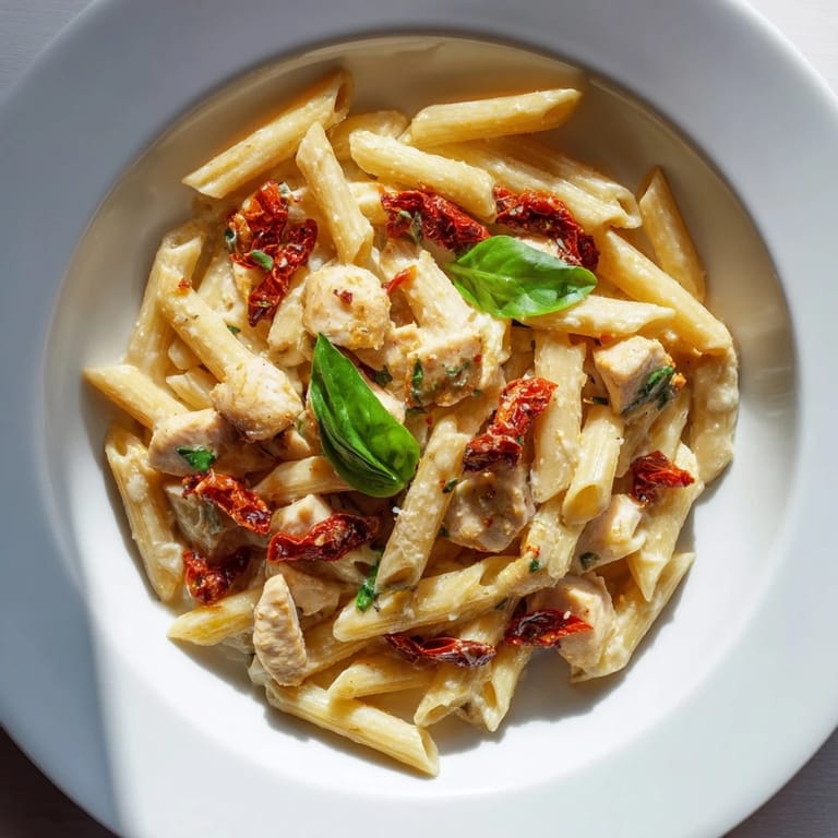Comforting Creamy Sun-Dried Tomato Chicken Pasta, garnished with fresh basil and Parmesan, served warm for a cozy Italian-American dinner.