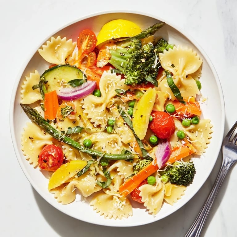 Steam rises from a warm serving of vegetarian Rainbow Veggie Pasta Primavera with bright cherry tomatoes and green broccoli.