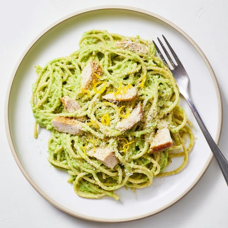 Twirling spaghetti coated in silky avocado sauce, topped with juicy grilled chicken and lemon zest.  