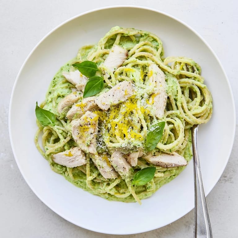 A vibrant bowl of creamy avocado chicken pasta, garnished with Parmesan and red pepper flakes.