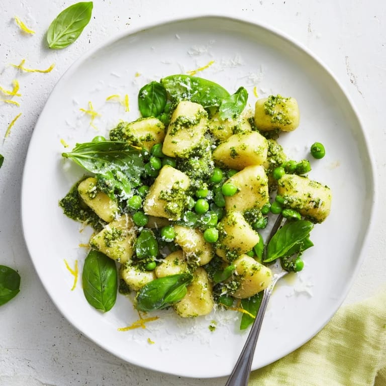 Steamy close-up of Pesto Pea Gnocchi Skillet showing tender gnocchi and wilted spinach in pesto.