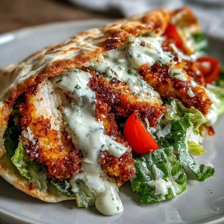 Warm pita stuffed with romaine, chicken, and Caesar dressing, simply mouthwatering.