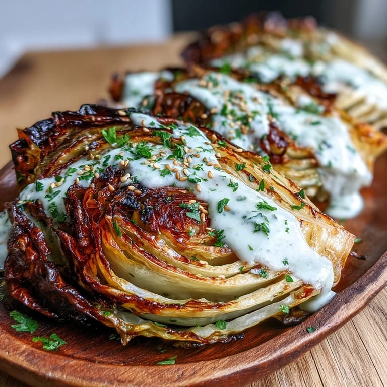 Golden roasted cabbage wedges generously drizzled with nutty tahini sauce, perfect for dinner.