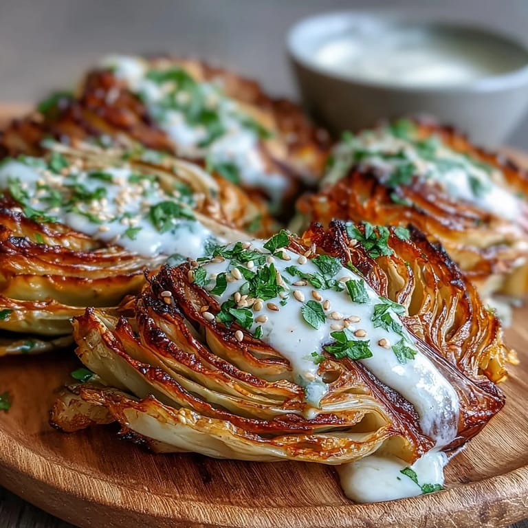 Juicy roasted cabbage wedges topped with sesame seeds and fresh herbs, a delicious meal.