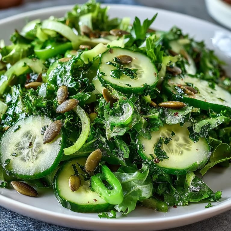 Seasonal Glowing Green Salad, beautifully plated with crunchy celery and hydrating cucumber.