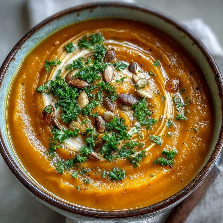Savor this vibrant Butternut Squash Soup, easily made, topped with crunchy seeds.