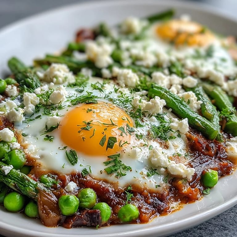 Colorful Pea and Broad Bean Shakshuka served with lemon, a delicious brunch.