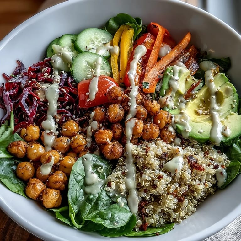 Colorful Rainbow Buddha Bowl, bursting with fresh ingredients, ready for drizzling dressing.