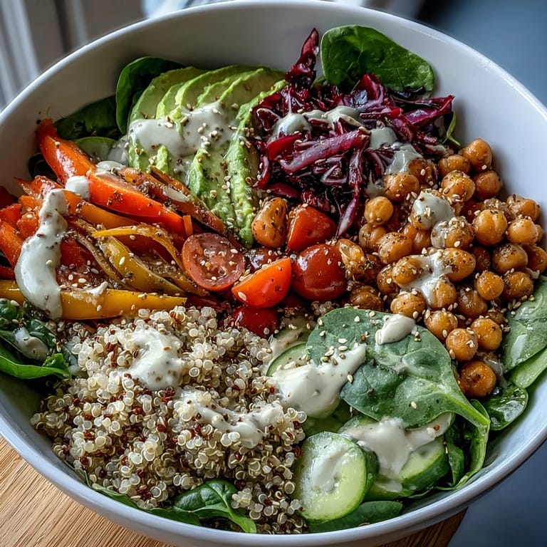 Hearty Rainbow Buddha Bowl featuring quinoa, chickpeas, and a rainbow of crunchy vegetables.