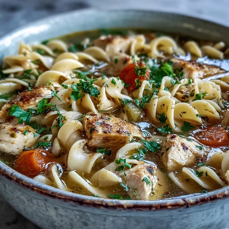 Comforting bowl of Chicken Noodle Soup served with crusty artisan bread and a lemon wedge, perfect for cozy winter dinners or chilly rainy days.