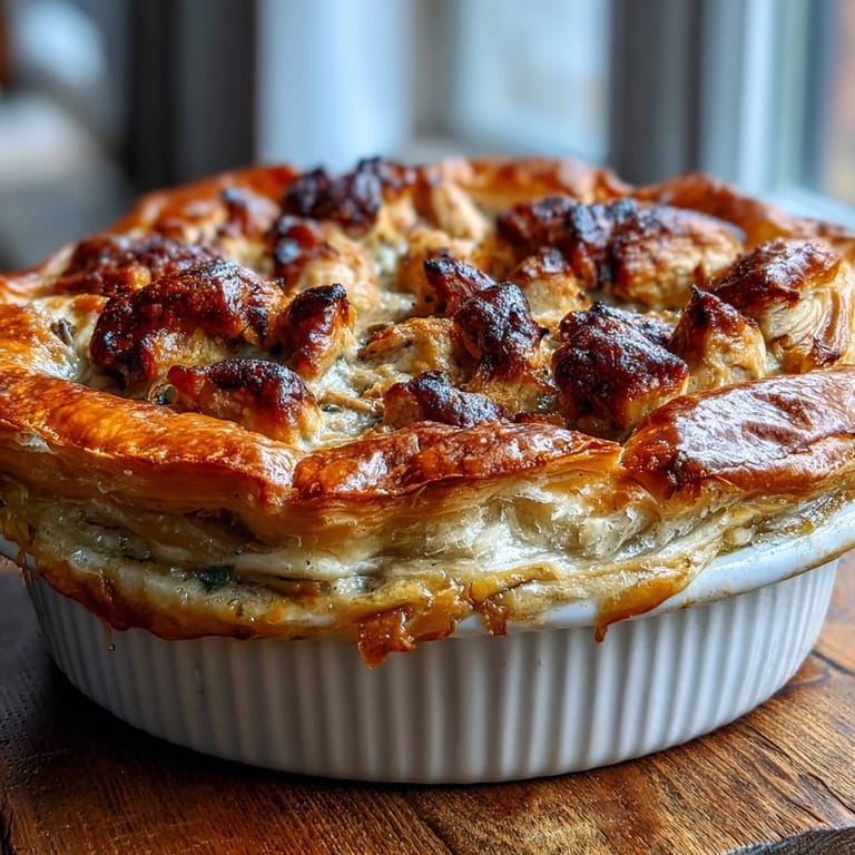 Slices of rich Chicken and Leek Pie reveal tender chicken, sautéed leeks, and a smoky bacon cream sauce under the crust.