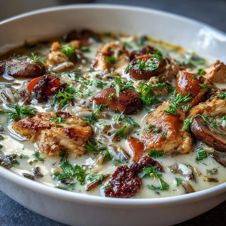 Fresh parsley garnish and a rustic spoon beside a rich bowl of Parmesan Mushroom Chicken and Wild Rice Soup.