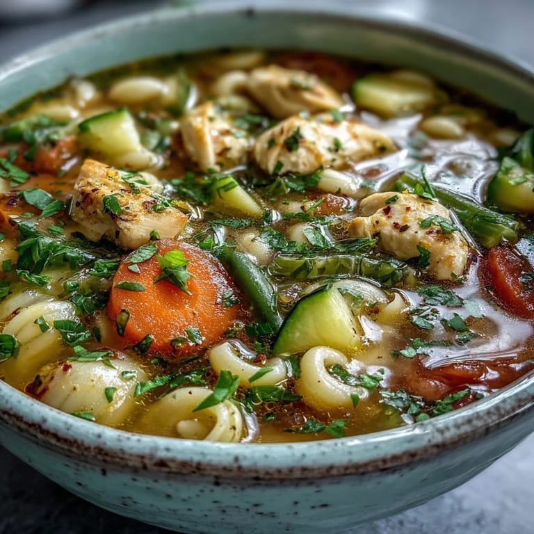 Freshly cooked Pasta Soup With Chicken and Vegetables ladled into a rustic ceramic bowl.