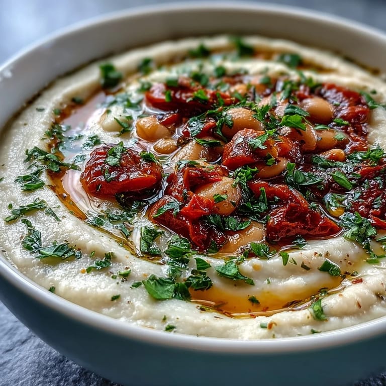 A close-up of White Bean Soup With Tomato, showcasing a velvety smooth texture and vibrant tomato flecks in a warm, inviting bowl.