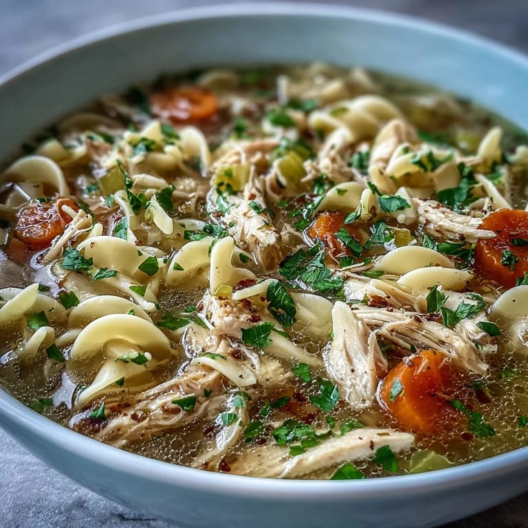 Close-up of homemade Chicken and Noodle Soup featuring wide egg noodles, diced vegetables, and savory herbs in a ladle.