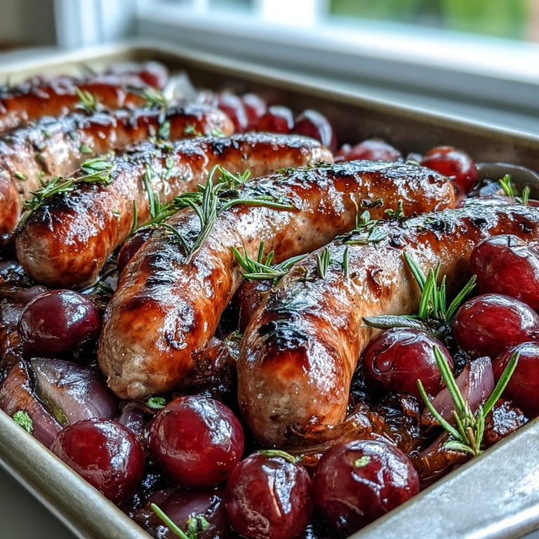 Golden-brown Italian sausages roasted with sweet red grapes and rosemary on a rustic sheet pan.