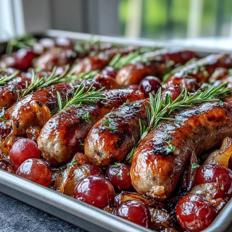 A close-up of Roasted Sausage and Grapes, a juicy main dish perfect over creamy polenta.