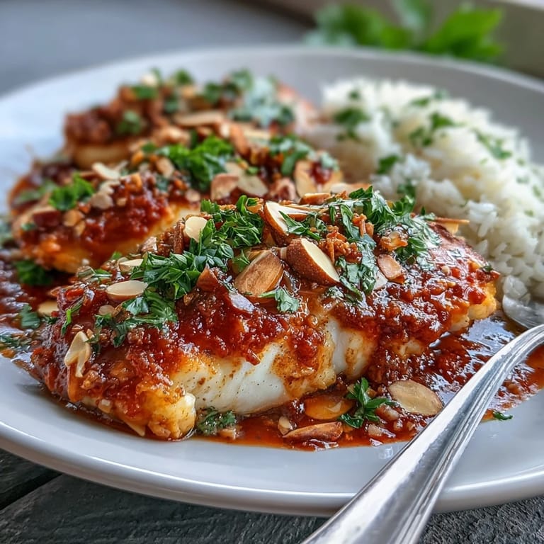 A close-up of Tomato-Roasted Cod With Spiced Almonds glistening in zesty tomato sauce, served alongside fluffy ginger rice.