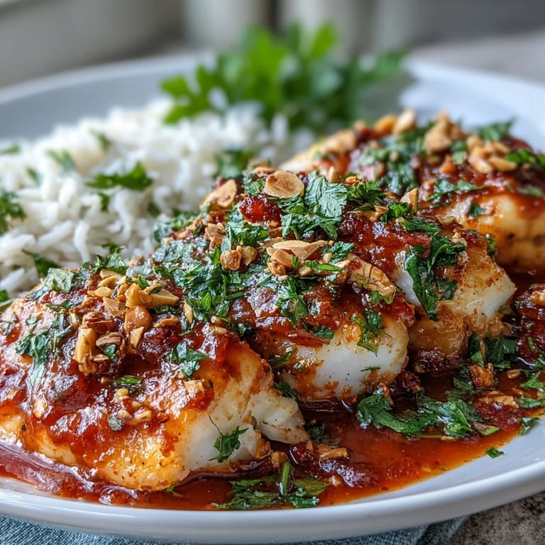Fork-ready Tomato-Roasted Cod With Spiced Almonds plated with saucy tomatoes and crunchy almonds, garnished with fresh parsley and lemon.