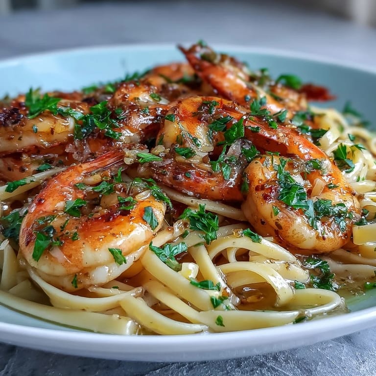 Sizzling pan of Shrimp Scampi With Linguine glistening with olive oil and a splash of white wine.