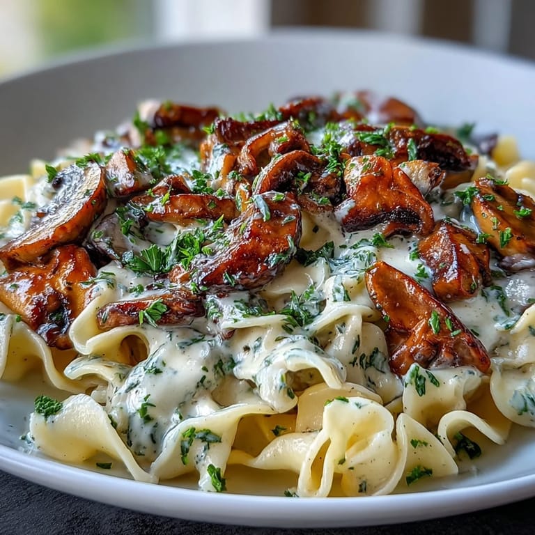 Hearty Mushroom Stroganoff plated with noodles and rich mushroom sauce, garnished with black pepper and parsley for a comforting weeknight meal.