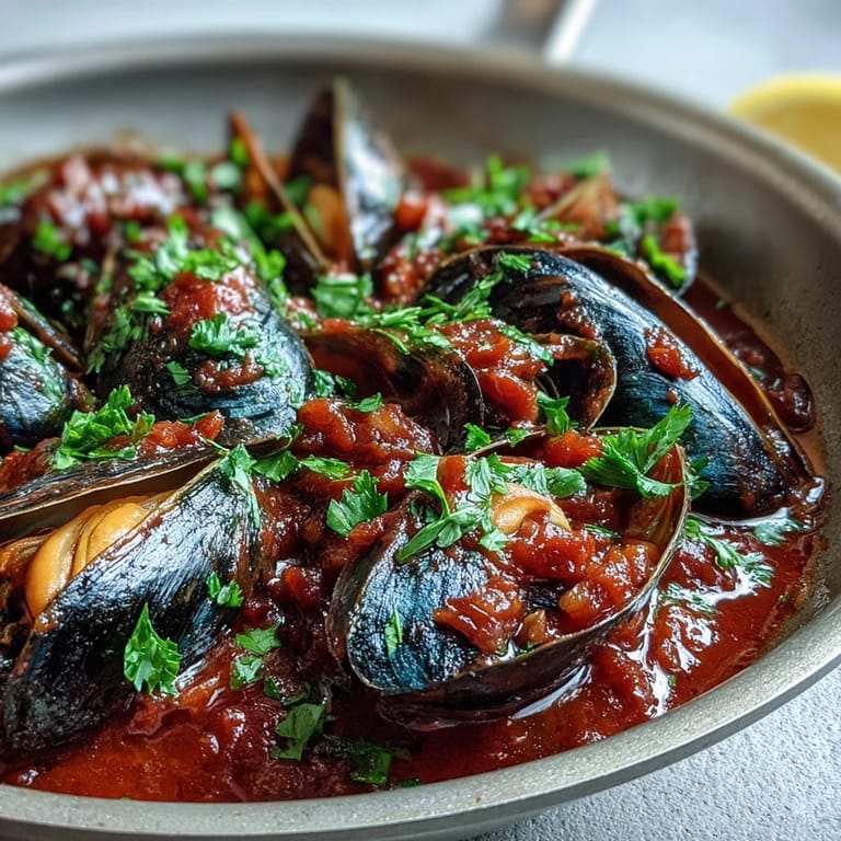 Sizzling Smoky Mussels Pomodoro featuring open shells in a vibrant red sauce, ready to enjoy for dinner.