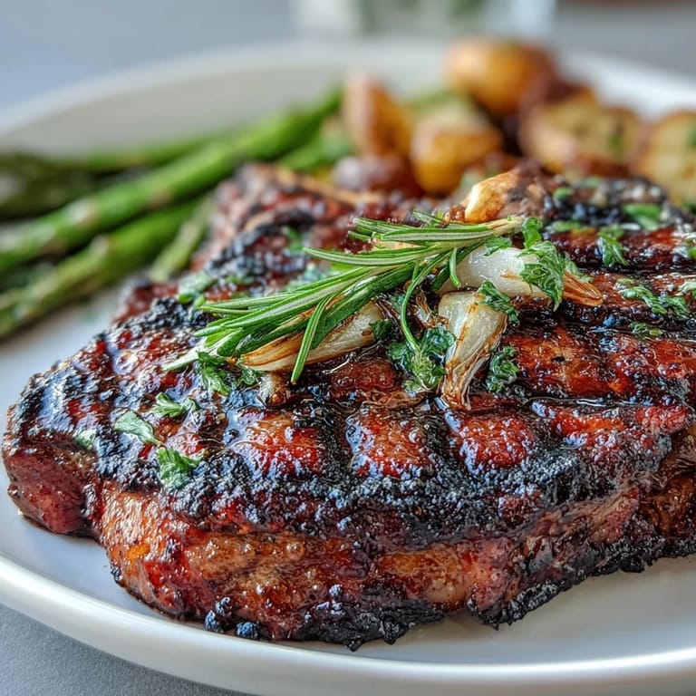 Sizzling grilled bone-in rib eye steak with lemon wedges and asparagus, ready for a hearty American dinner.