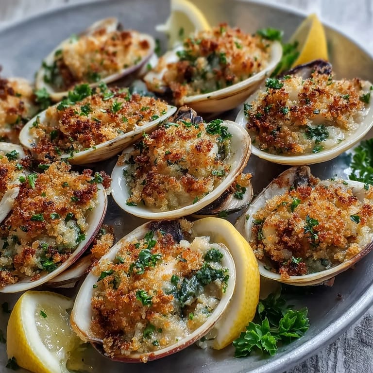 Savory roasted clams with lemony panko, served hot and garnished with fresh parsley.