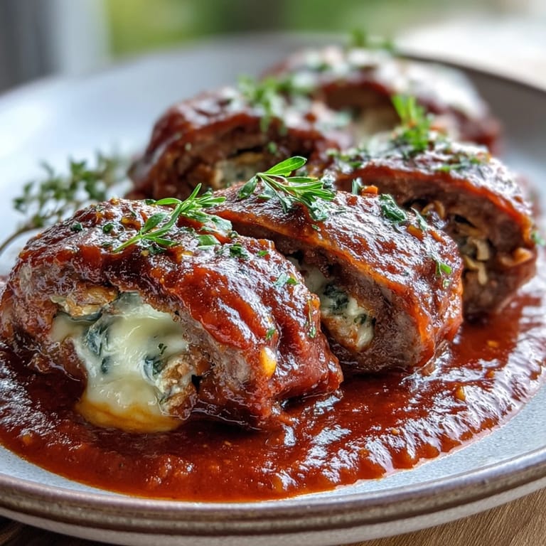 A slice of juicy Sicilian-Style Braciole reveals a filling of pecorino, raisins, and pine nuts on a plate.