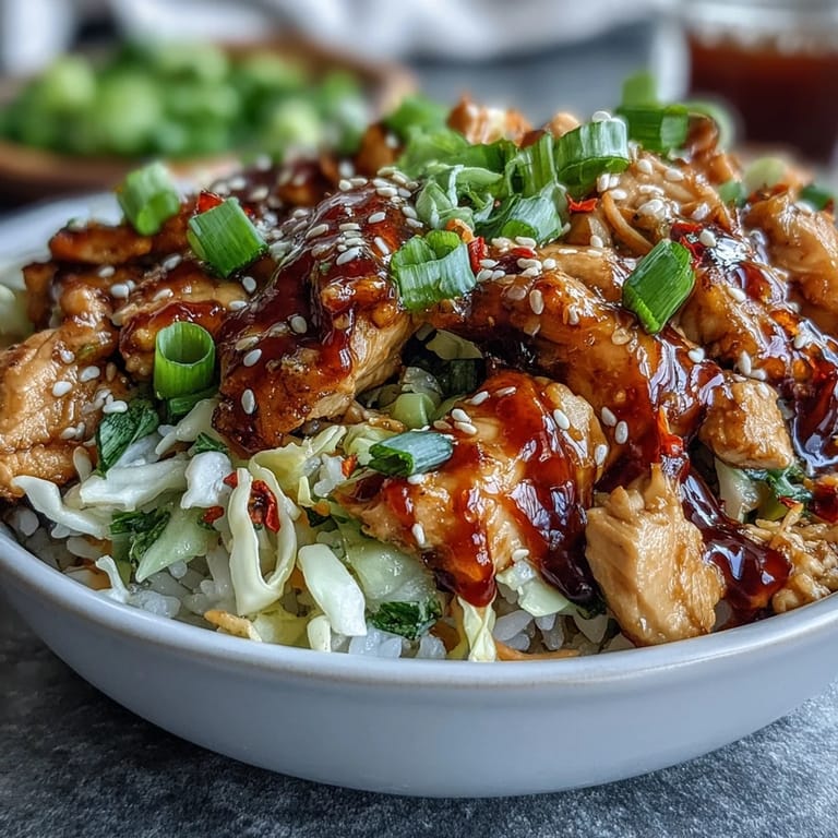 Weeknight dinner Egg Roll Bowls with Chicken and Cabbage, garnished with chili crisp, scallions, and sesame seeds, ready to serve over steamed rice.