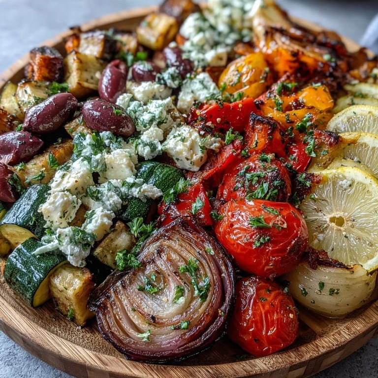 Golden Roasted Mediterranean Greek Vegetables served warm from a baking sheet, garnished with Kalamata olives.