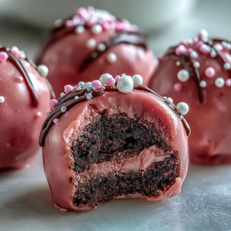 Chilled Oreo Truffle Balls with a snapping pink coating reveal creamy cream cheese and rich Oreo filling inside.
