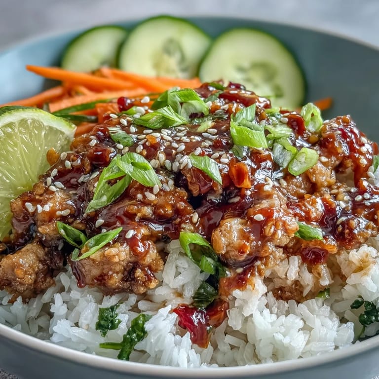Asian-inspired Bang Bang Ground Turkey Rice Bowls served with lime wedges, cilantro, and drizzled spicy-sweet chili mayo for weeknight dinner.