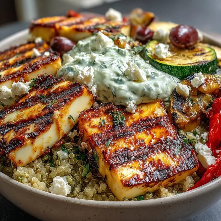 Juicy chicken or halloumi rests alongside charred eggplant and peppers in this Healthy Grilled Mediterranean Bowl with olives and fresh parsley.