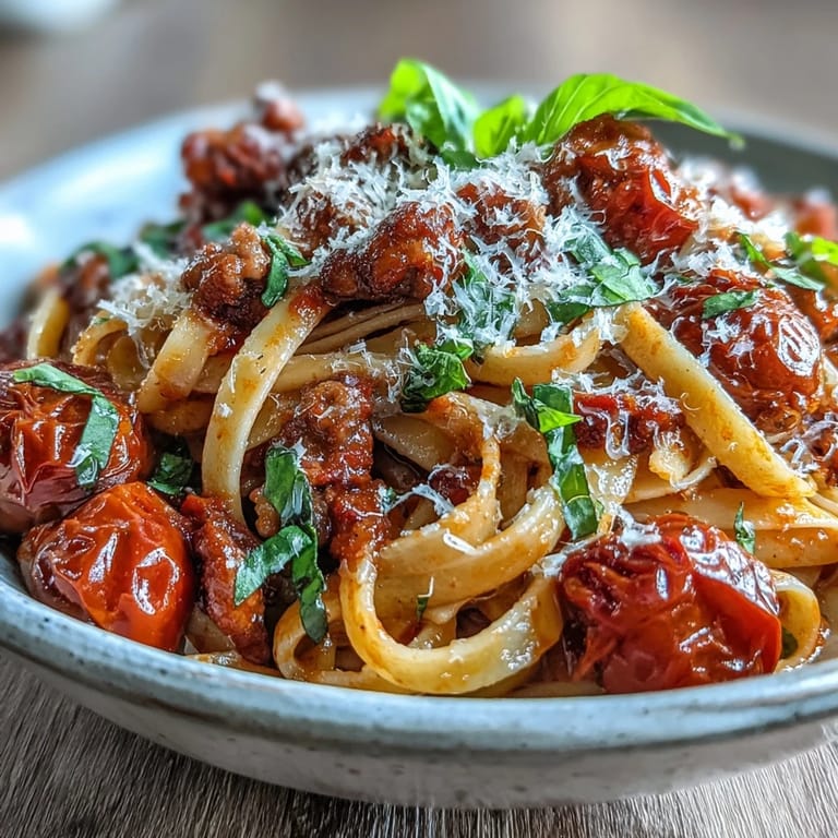 Overhead view of Italian Drunken Noodles served with lemon wedges, showing the glossy pasta strands, garlic, and onion integrated into the bold wine-based sauce.