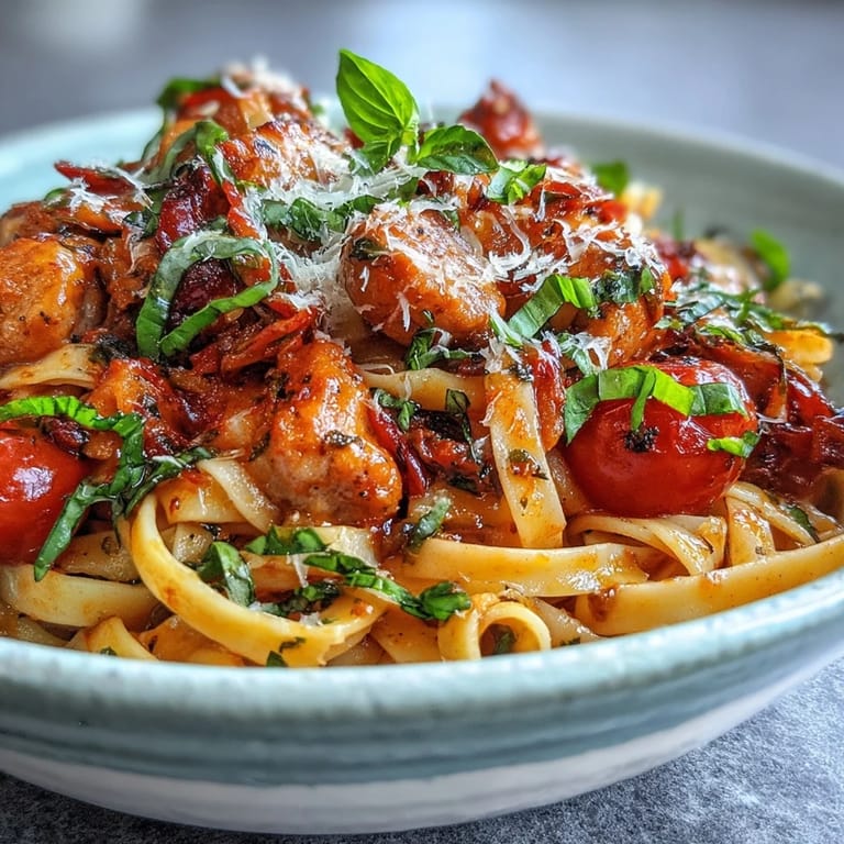 Fresh basil and grated Parmesan garnish a steaming bowl of Italian Drunken Noodles, highlighting the vibrant red sauce and savory protein on a rustic table.
