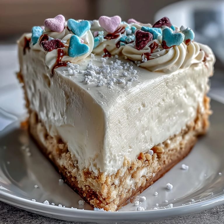 Bright pastel conversation heart candies cover the sides of the no-bake Candy Hearts Fake Cake.