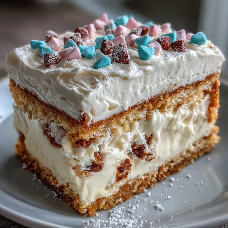 Candy Hearts Fake Cake served on a white plate, topped with extra hearts and rainbow sprinkles.