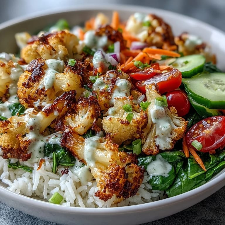 Overhead view of a Roasted Cauliflower Bowl with spinach, cherry tomatoes, cucumbers, carrots, and red onion, served with fluffy rice.