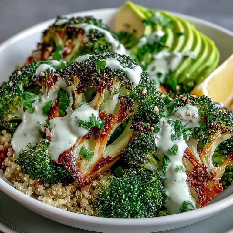 This vibrant Roasted Broccoli Bowl features steaming grains, crispy broccoli, and a generous swirl of lemony tahini sauce, garnished with fresh parsley and lemon wedges.