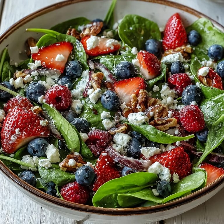 Close-up of a Spinach and Berry Salad Bowl featuring glistening berries and goat cheese, served in a rustic white bowl, perfect for a healthy light lunch or bright side dish.