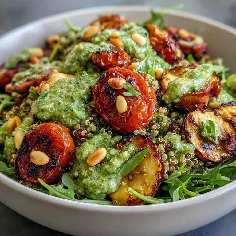 The vibrant Arugula Pesto Bowl is topped with shaved Parmesan and toasted pine nuts for a nutty crunch.  