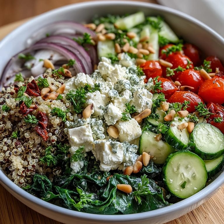 Vibrant spinach and feta grain bowl featuring quinoa, crisp cucumbers, and bell peppers, perfect for a light dinner.