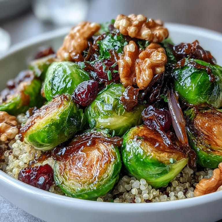 Hearty roasted Brussels sprouts and onion mixture paired with warm grains for a nourishing, gluten-free dinner bowl, garnished with crunchy nuts and seeds.